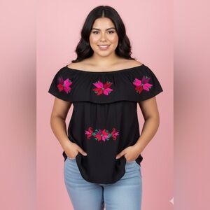 Women’s Huasteca Potosina Hand Embroidered Black Blouse | Cotton Top XL/XXL